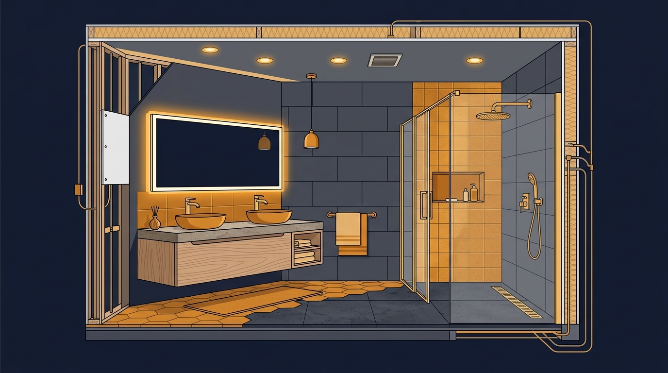 Modern bathroom interior showing vanity, mirror, shower, and tile