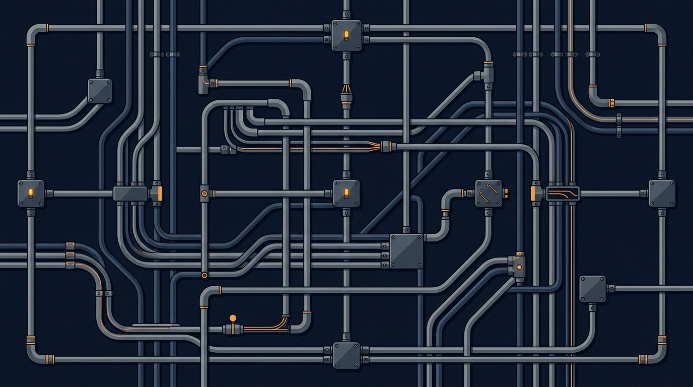 Electrical conduit forming clean geometric patterns with junction boxes on a dark background