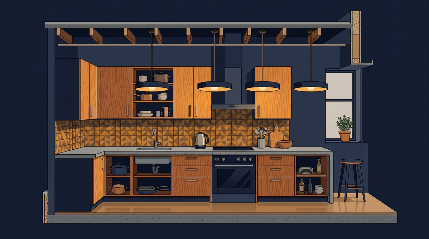 Modern kitchen interior showing cabinets, countertop, range, and pendant lights